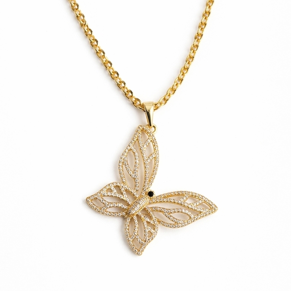 Jewelry - Gold Plated Butterfly Necklace Chain CZ Pendant Elegant Dainty